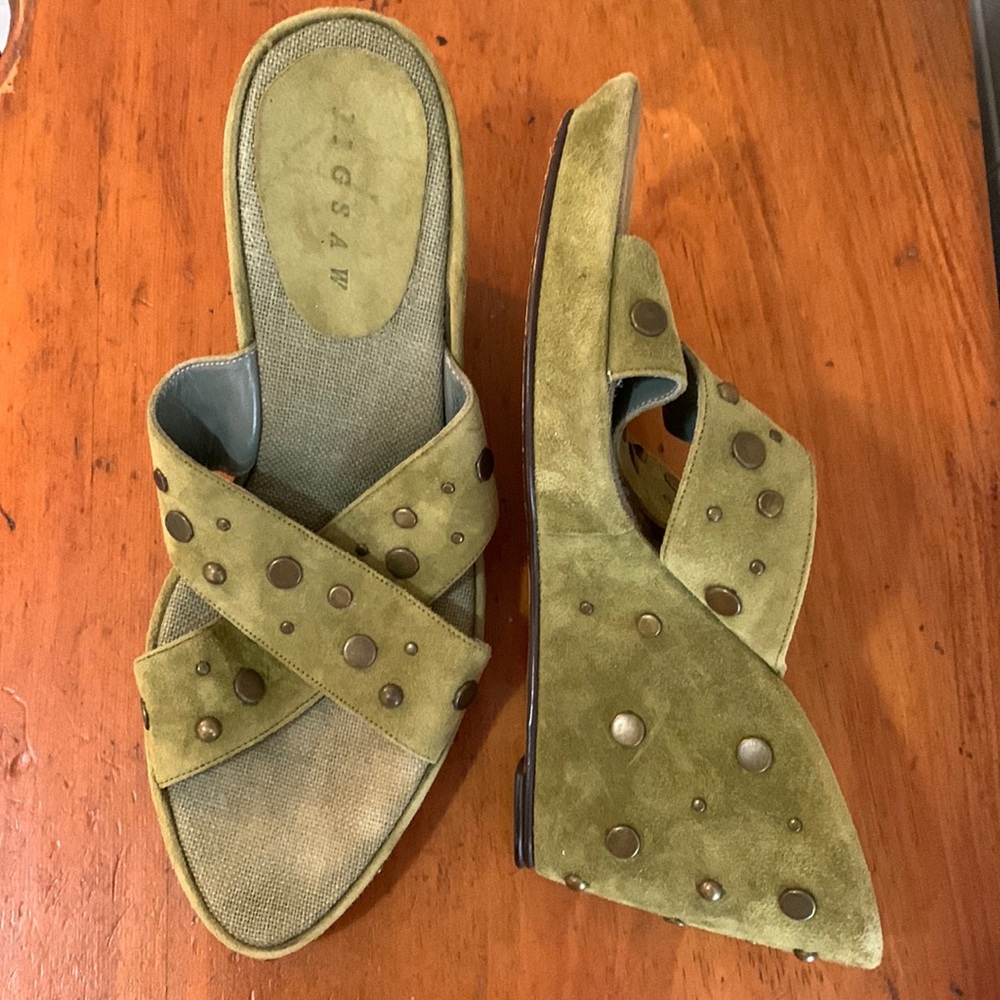 Jigsaw Olive suede platform mules embellished with brass studs in size 39.